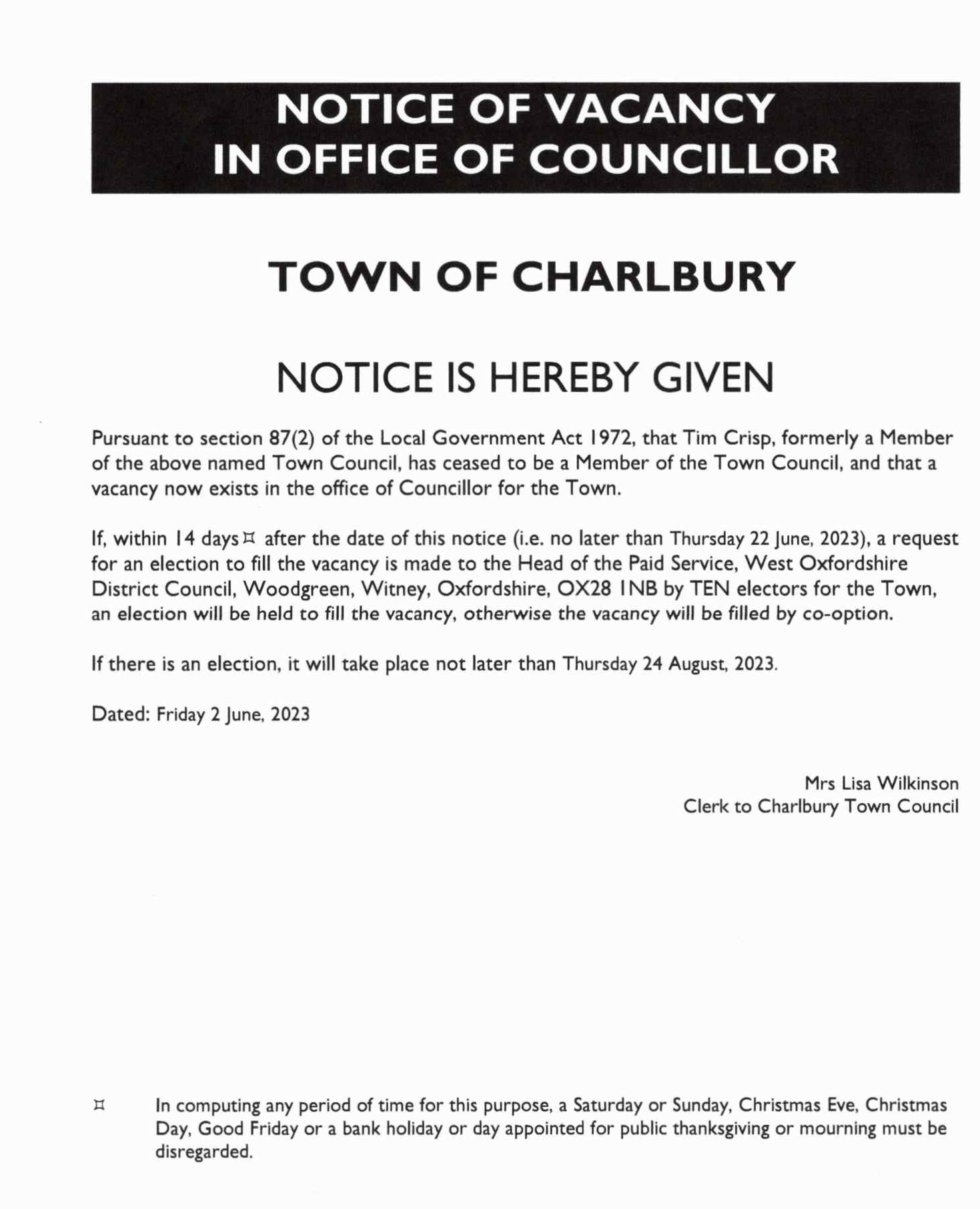 Notice of Vacancy for Town Councillor