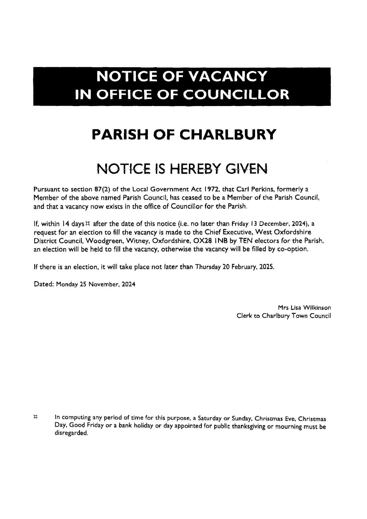 Notice of Vacancy for role of Town Councillor